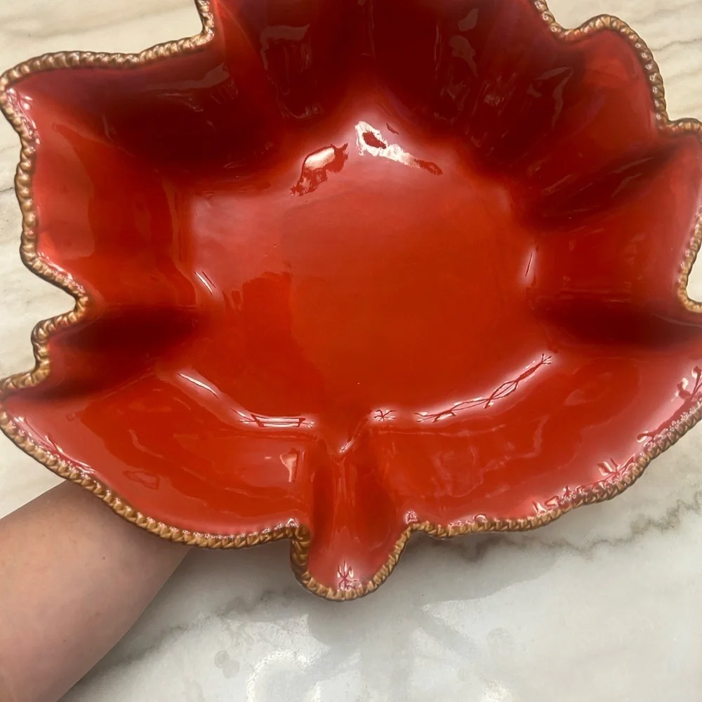 Temp-Tations Orange Leaf-Shaped Decorative Serving Bowl with Gold Trim